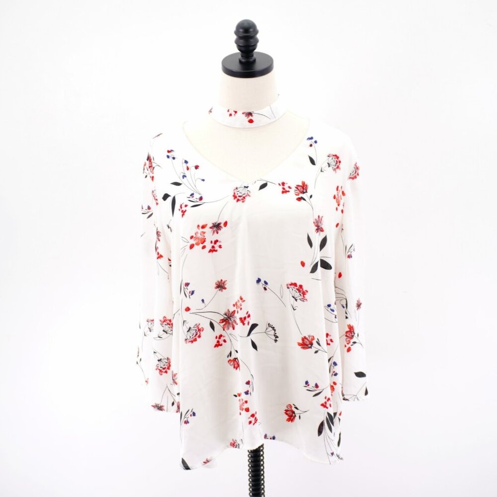 A.N.A. XL Sheer V-Neck W/ Choker White Black Red Sheer Floral Blouse Top Long Sl